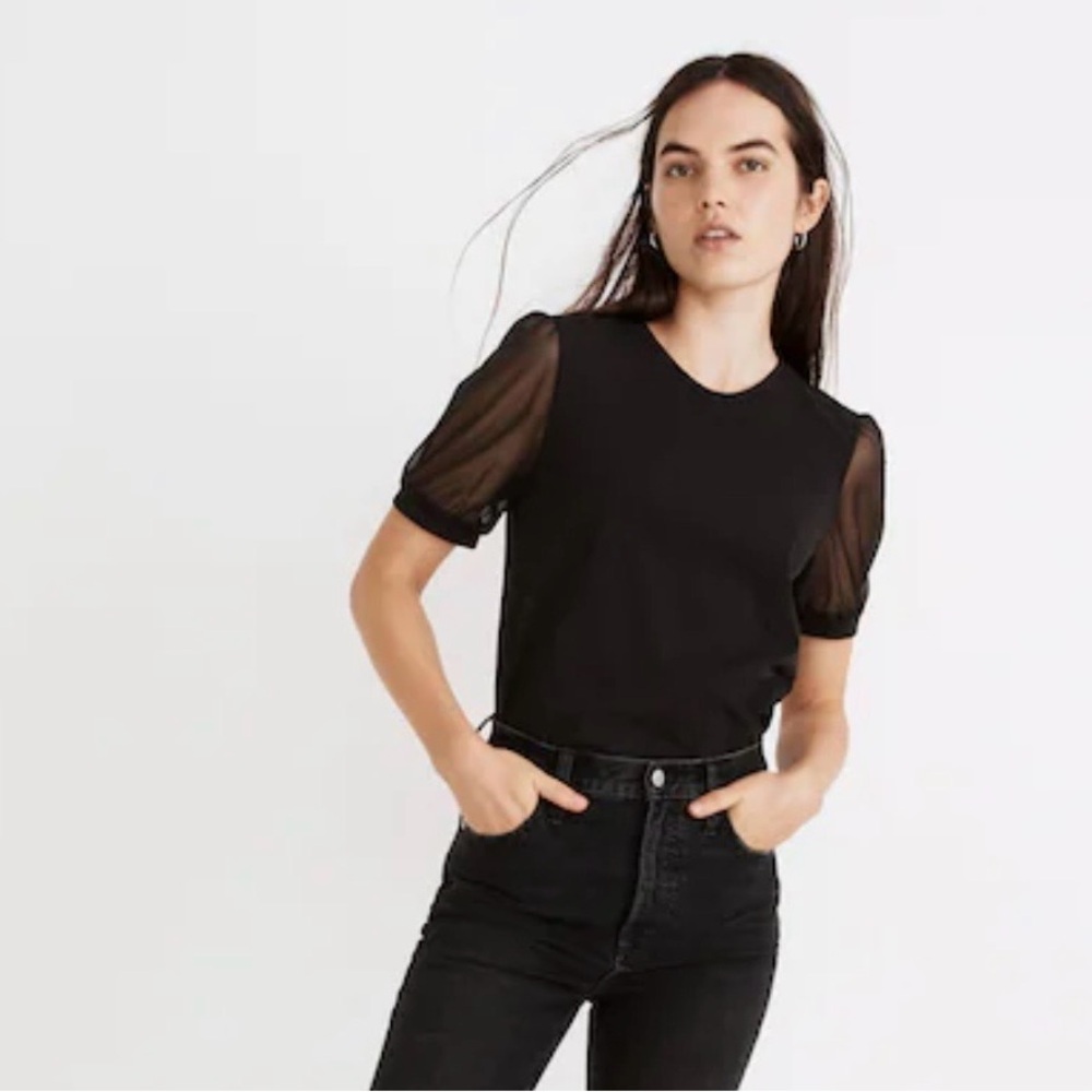 Madewell Black Tee with Sheer Sleeves - Picture 1 of 8